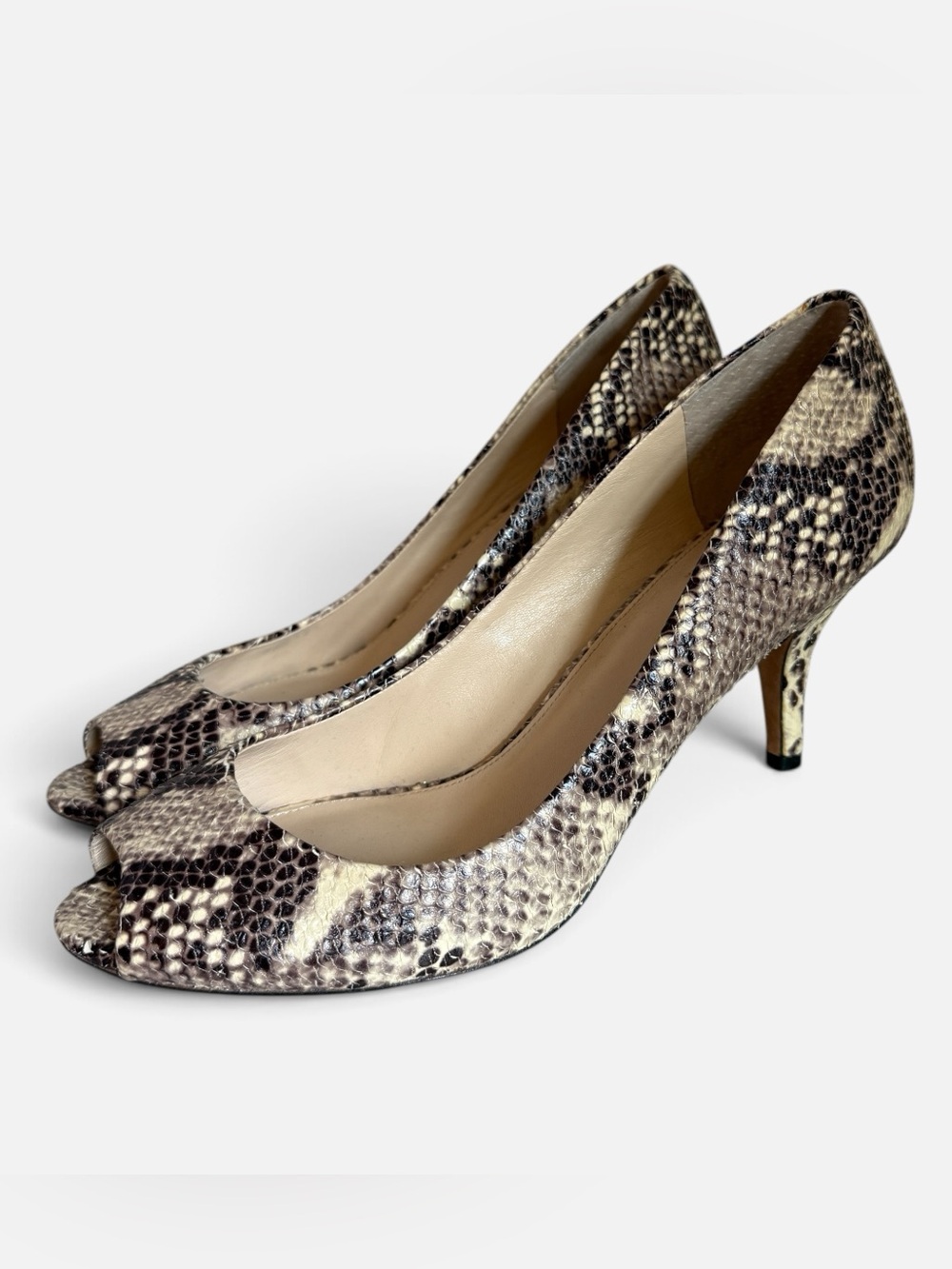 Vero Cuoio Snake-Print Peep-Toe Mid Heels in Beige and Black